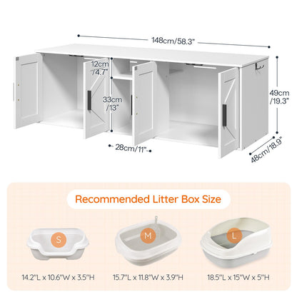 HOOBRO White Wooden Concealed Double-Layer Litter Box Cabinet with Aisle & Storage Shelves & Hooks