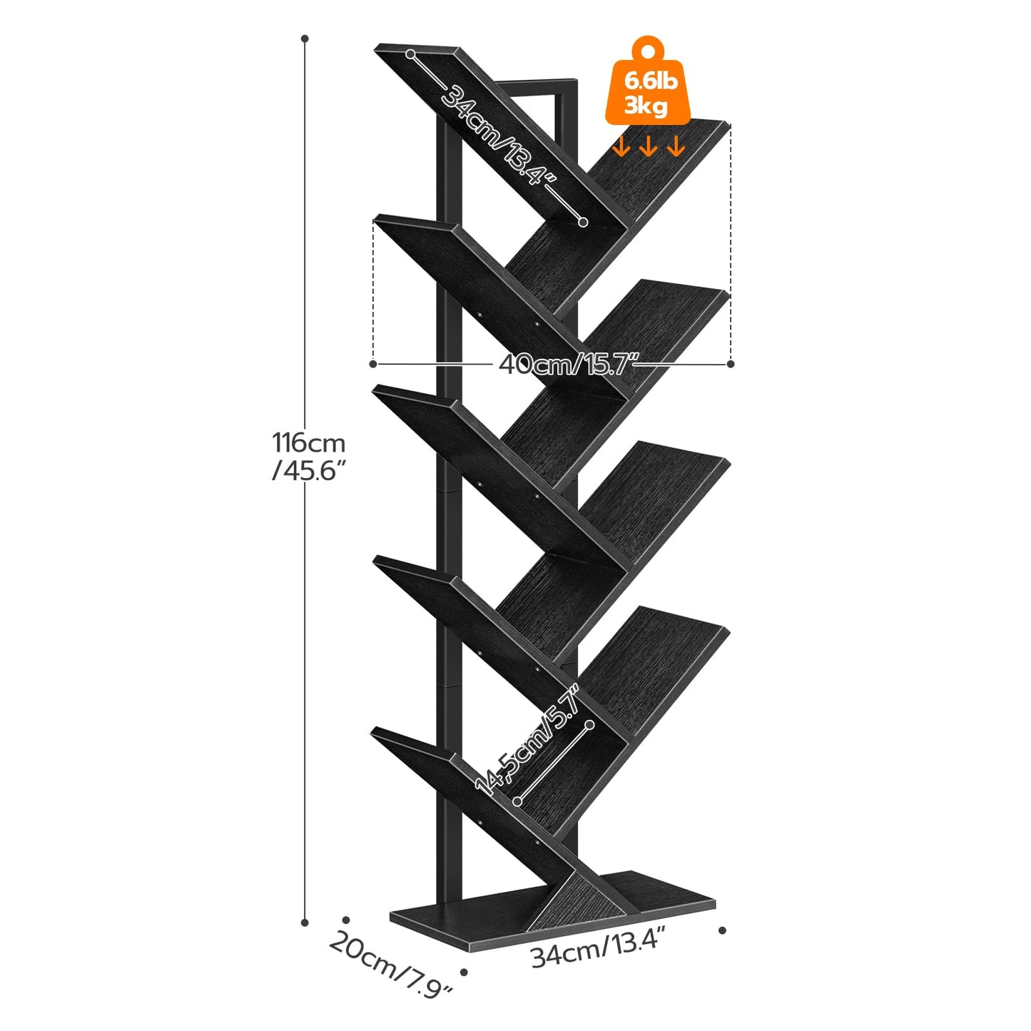 HOOBRO Black 9-Tier Floor-Standing Tree-Shaped Wooden Bookshelf