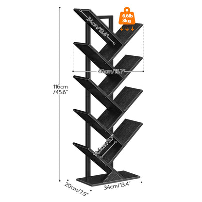 HOOBRO Black 9-Tier Floor-Standing Tree-Shaped Wooden Bookshelf