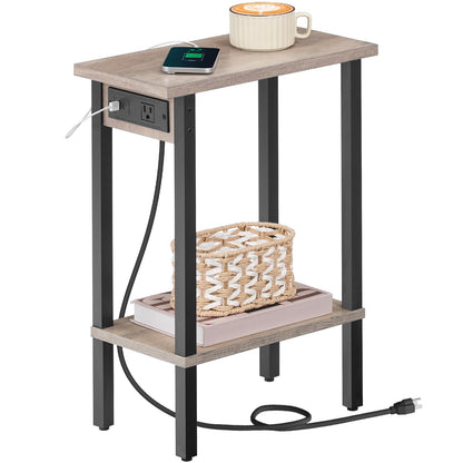 HOOBRO Narrow Side Table, 2-Tier Slim End Table with Charging Station, Skinny Nightstand with Open Storage, for Small Spaces, Living Room, Bedroom, Study, Greige and Black BG240UBZ01
