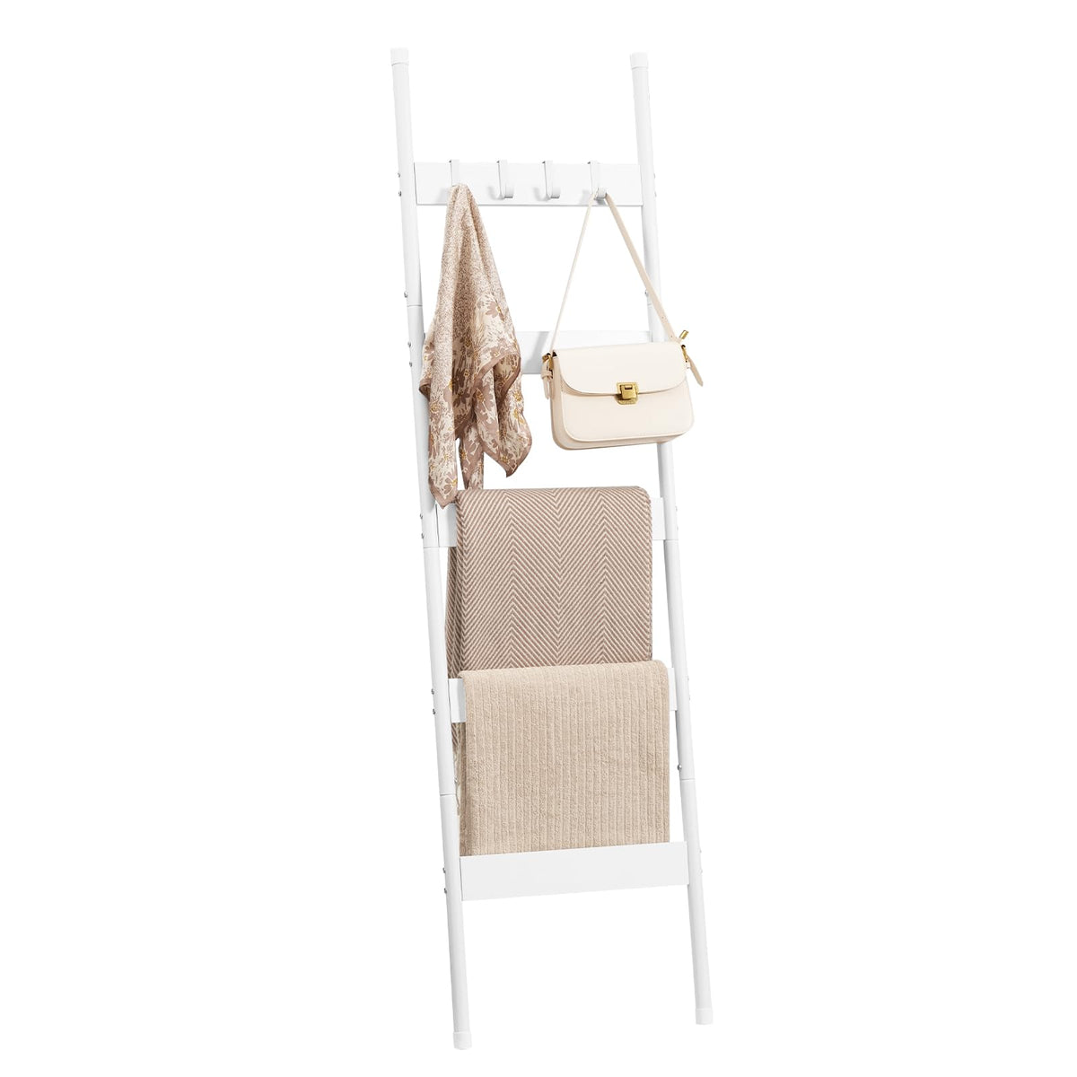 HOOBRO Blanket Ladder, 5-Tier Towel Rack with Hooks, Wall-Leaning Blanket Rack, Decorative Display Ladder Shelf, for Scarves, Industrial, Living Room, Bedroom, White WW52CJ01