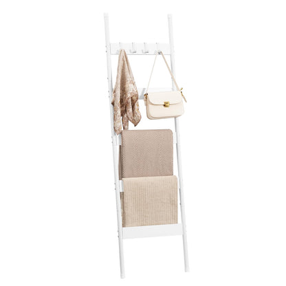 HOOBRO Blanket Ladder, 5-Tier Towel Rack with Hooks, Wall-Leaning Blanket Rack, Decorative Display Ladder Shelf, for Scarves, Industrial, Living Room, Bedroom, White WW52CJ01