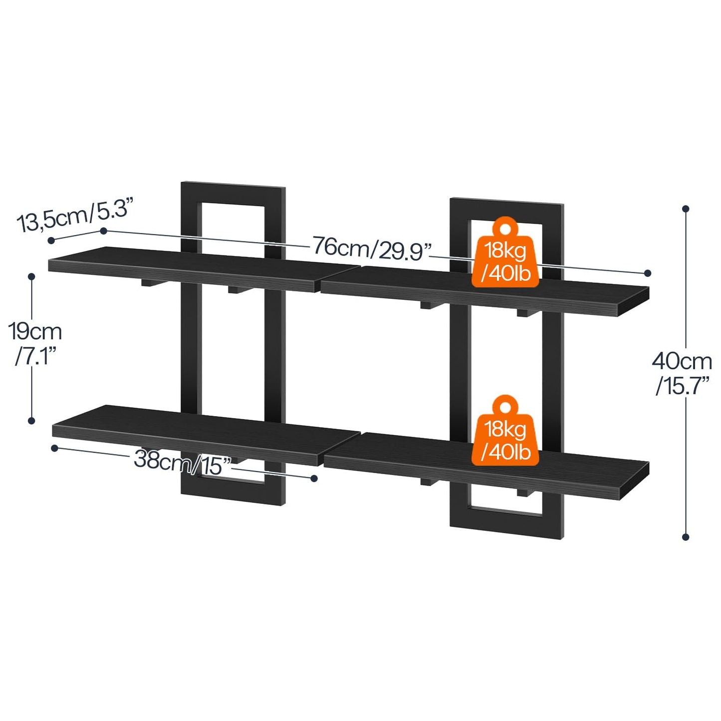 HOOBRO Black 15-inch Double-Layer Wall-Mounted Shelf /2PICS