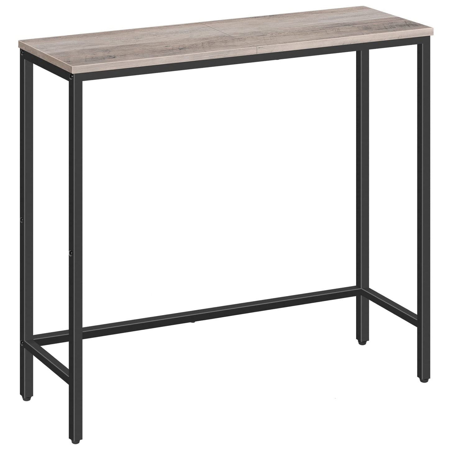 High table with wooden top and black metal frame on a white background