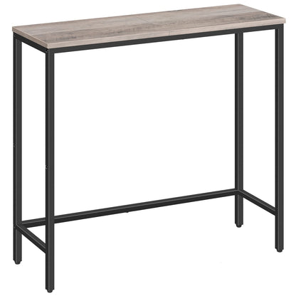 High table with wooden top and black metal frame on a white background