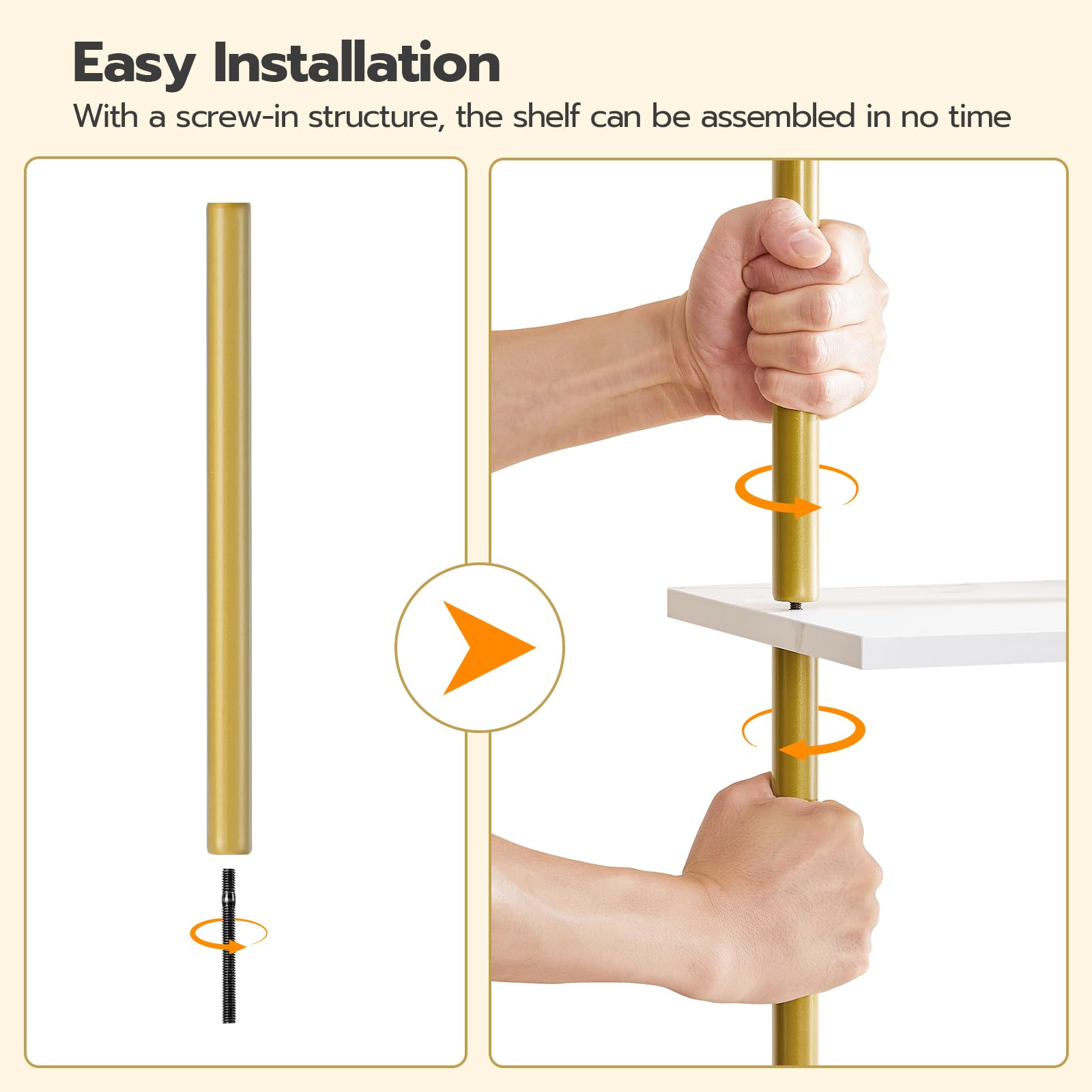 Shelf assembly process with hands holding a gold shelf bracket and screw.