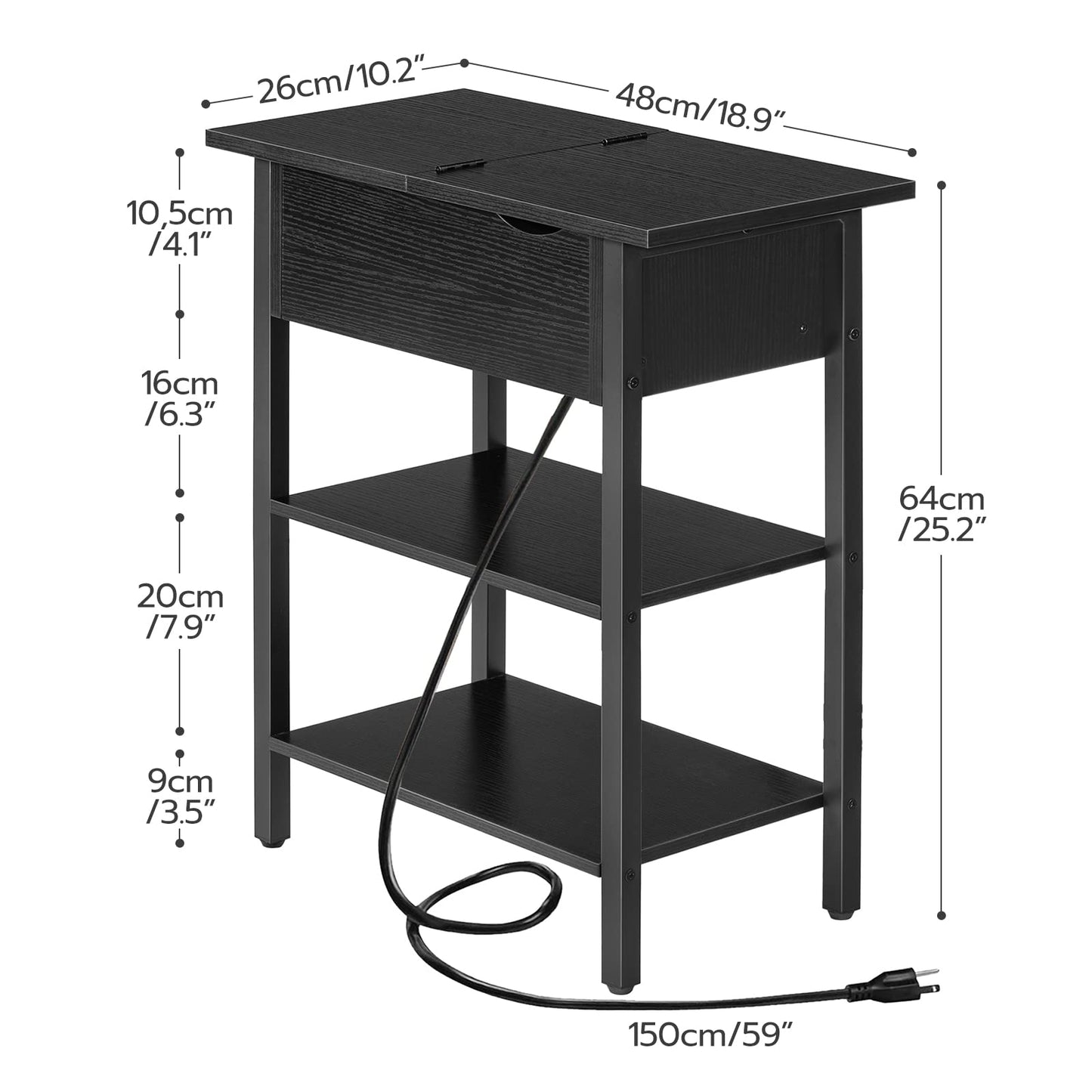 HOOBRO Black Flip-Up Side Table with Charging Station & Shelf & USB Port & Power Outlet