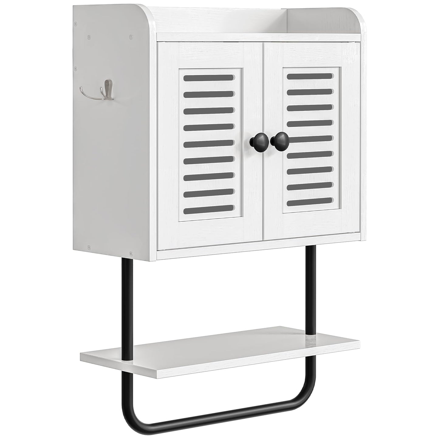White wall-mounted cabinet with black metal legs and a shelf on a white background