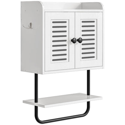 White wall-mounted cabinet with black metal legs and a shelf on a white background