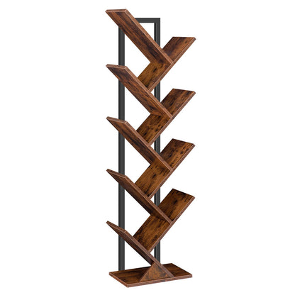 HOOBRO Vintage Brown 9-Tier Floor-Standing Wooden Tree-Shaped Bookshelf