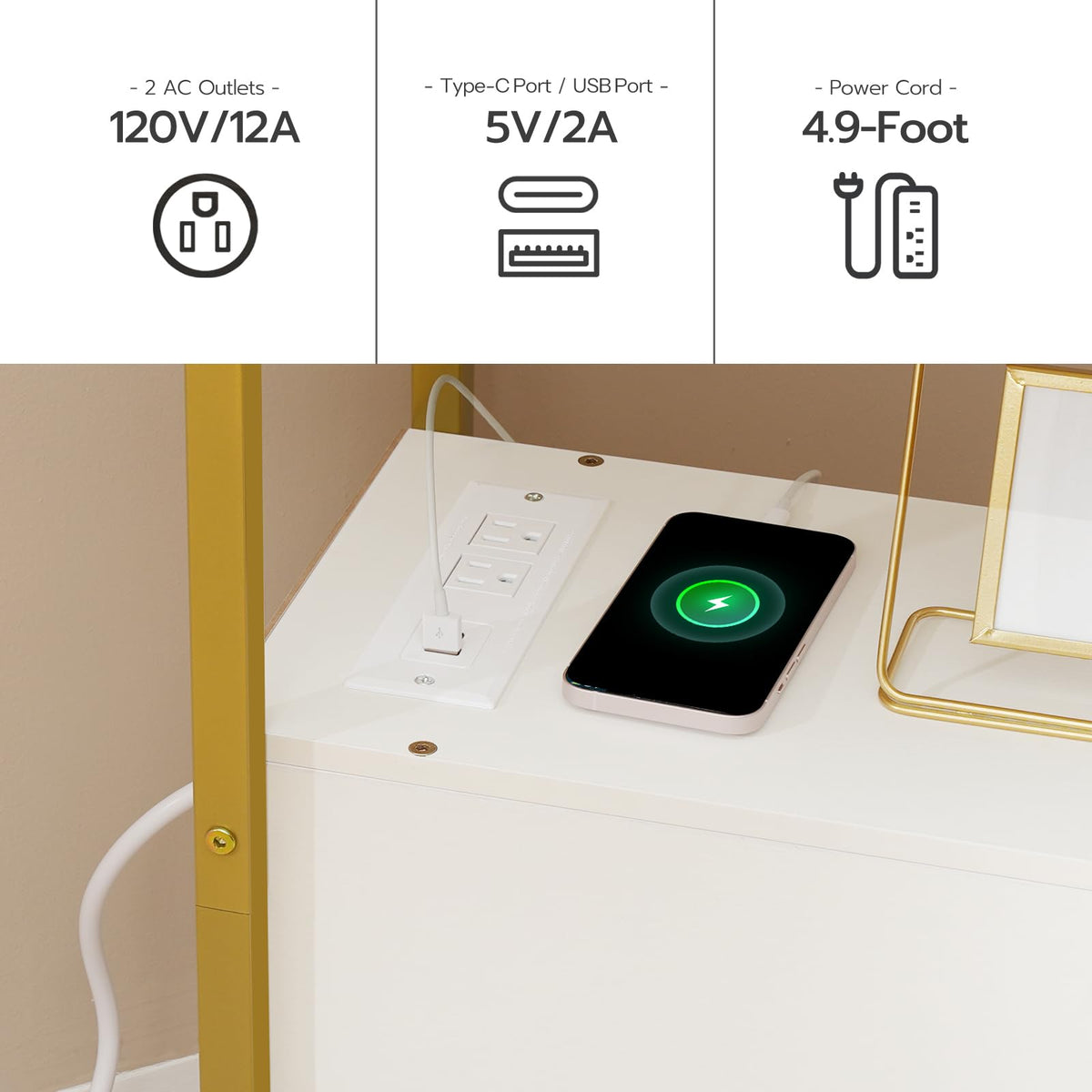 HOOBRO End Table with Charging Station, Narrow Side Table with 2 Drawer & USB Port & Power Outlets, Nightstand for Small Spaces, Stable and Sturdy, for Living Room, Bedroom, Gold and White DW541BZ01