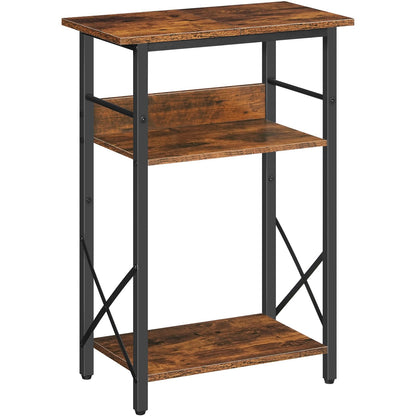 Three-tiered wooden shelf with black metal legs on a white background