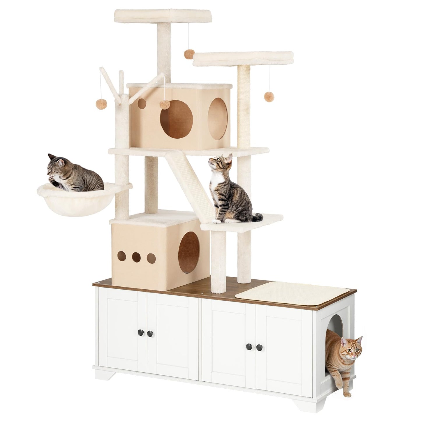 HOOBRO Double Litter Box Enclosure with Cat Tree & Bed & Hammock