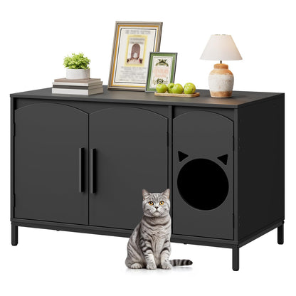 HOOBRO Black Concealed Elegant Arched Door Design Wooden Cat Head Decor Cat Litter Box Storage Cabinet