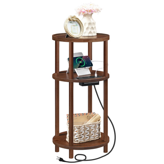 HOOBRO Mocha Three-Tier Small Round Side Table with USB Charging Port