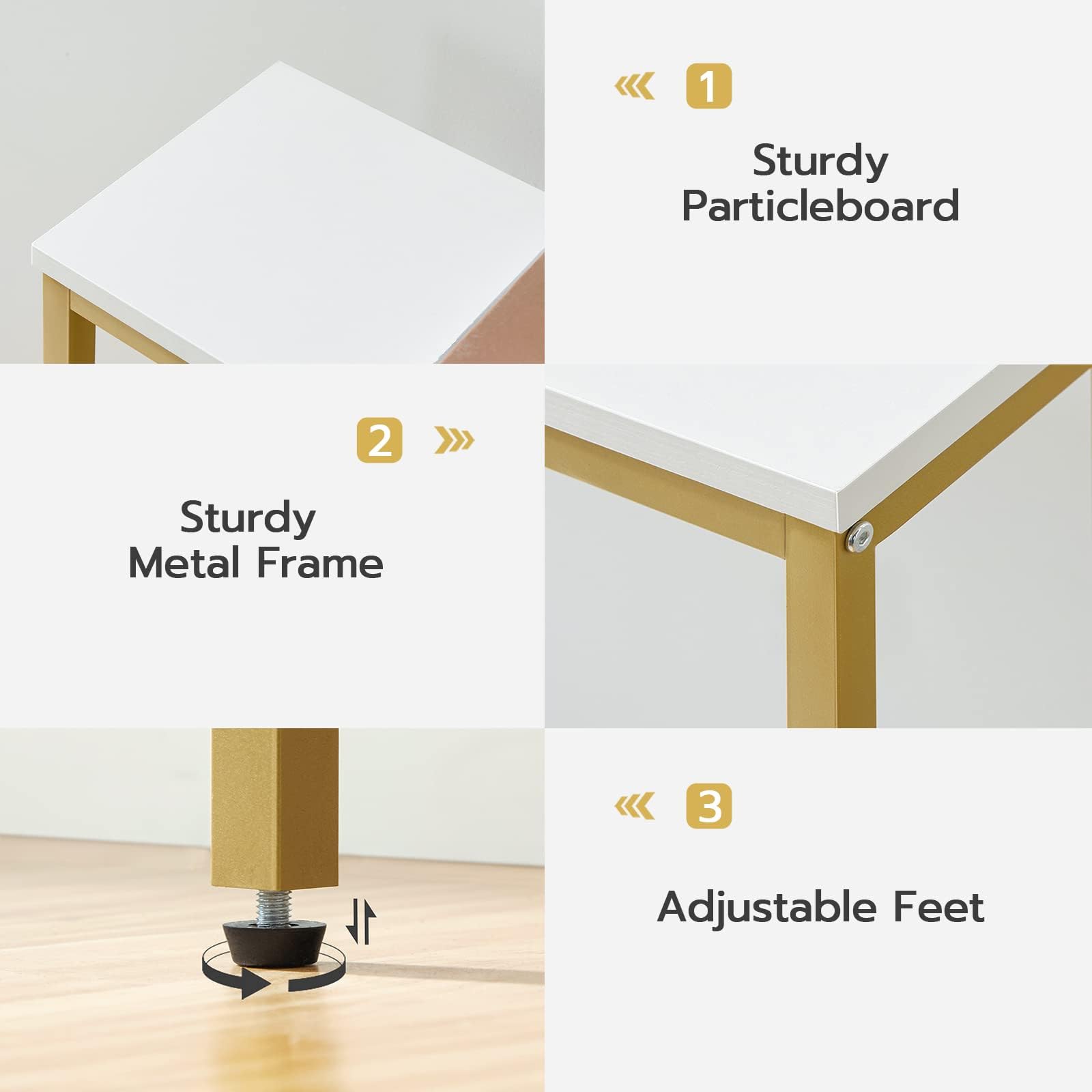 Collage of a table with labeled features including sturdy particleboard, metal frame, and adjustable feet.