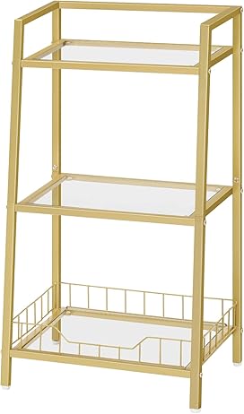 Gold metal and glass shelf with three tiers on a white background