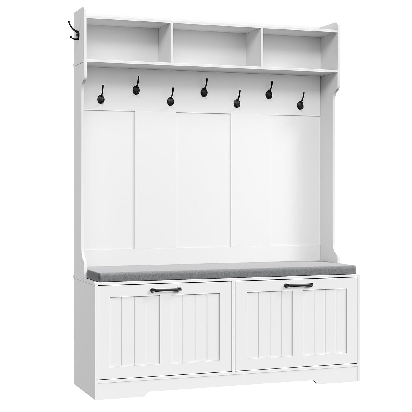 White storage cabinet with hooks and doors on a white background