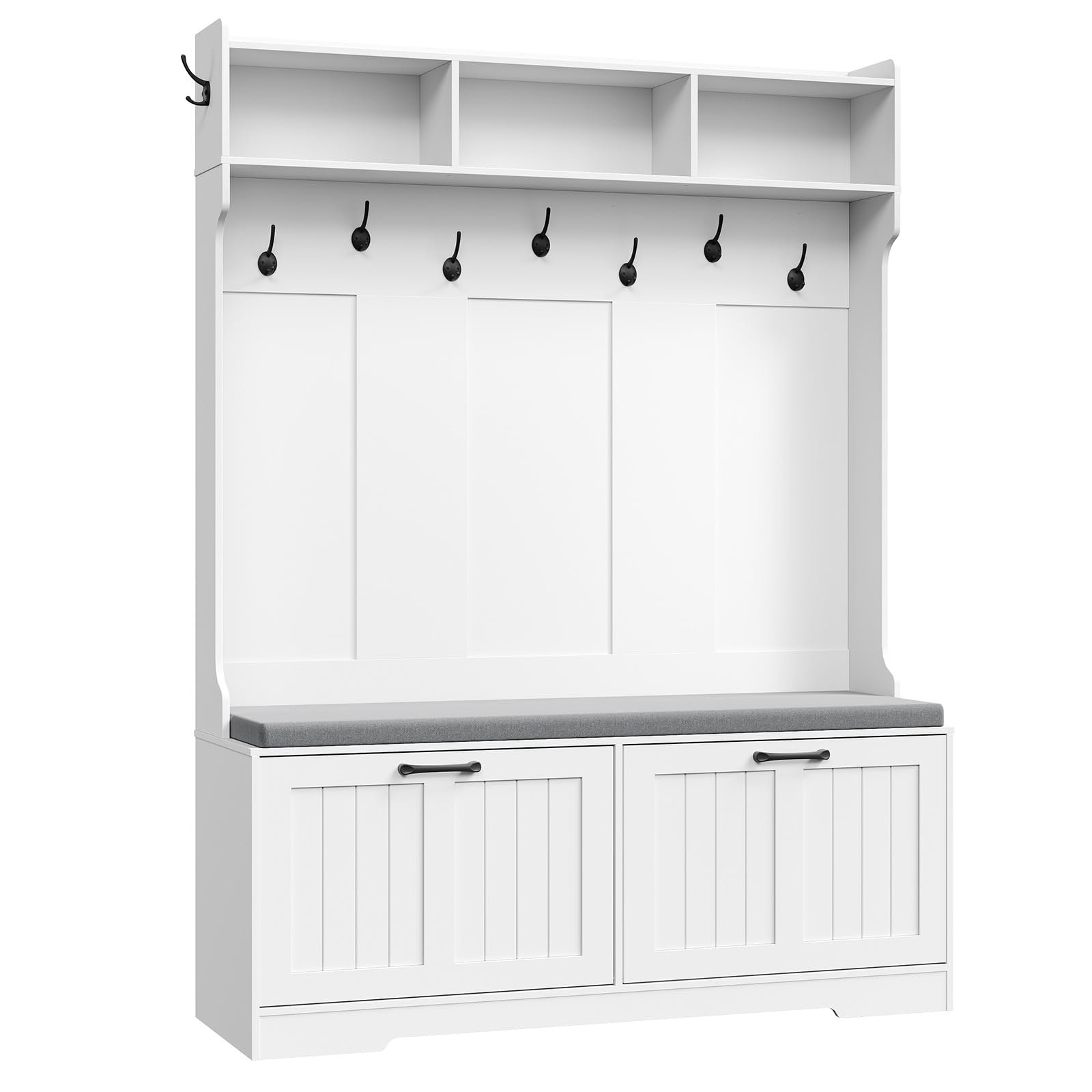 White storage cabinet with hooks and doors on a white background