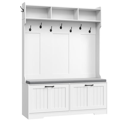 White storage cabinet with hooks and doors on a white background