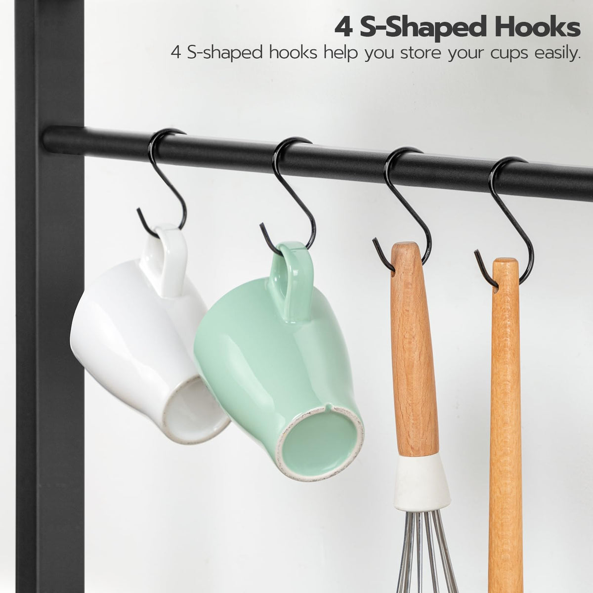 HOOBRO Bakers Rack with Power Outlet, 35.4 Inches Coffee Bar with Mesh Basket, Microwave Stand with 4 S-Shaped Hooks, Kitchen Bakers Rack with Storage, Easy to Assemble, Black BB05HB01