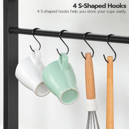 HOOBRO Bakers Rack with Power Outlet, 35.4 Inches Coffee Bar with Mesh Basket, Microwave Stand with 4 S-Shaped Hooks, Kitchen Bakers Rack with Storage, Easy to Assemble, Black BB05HB01