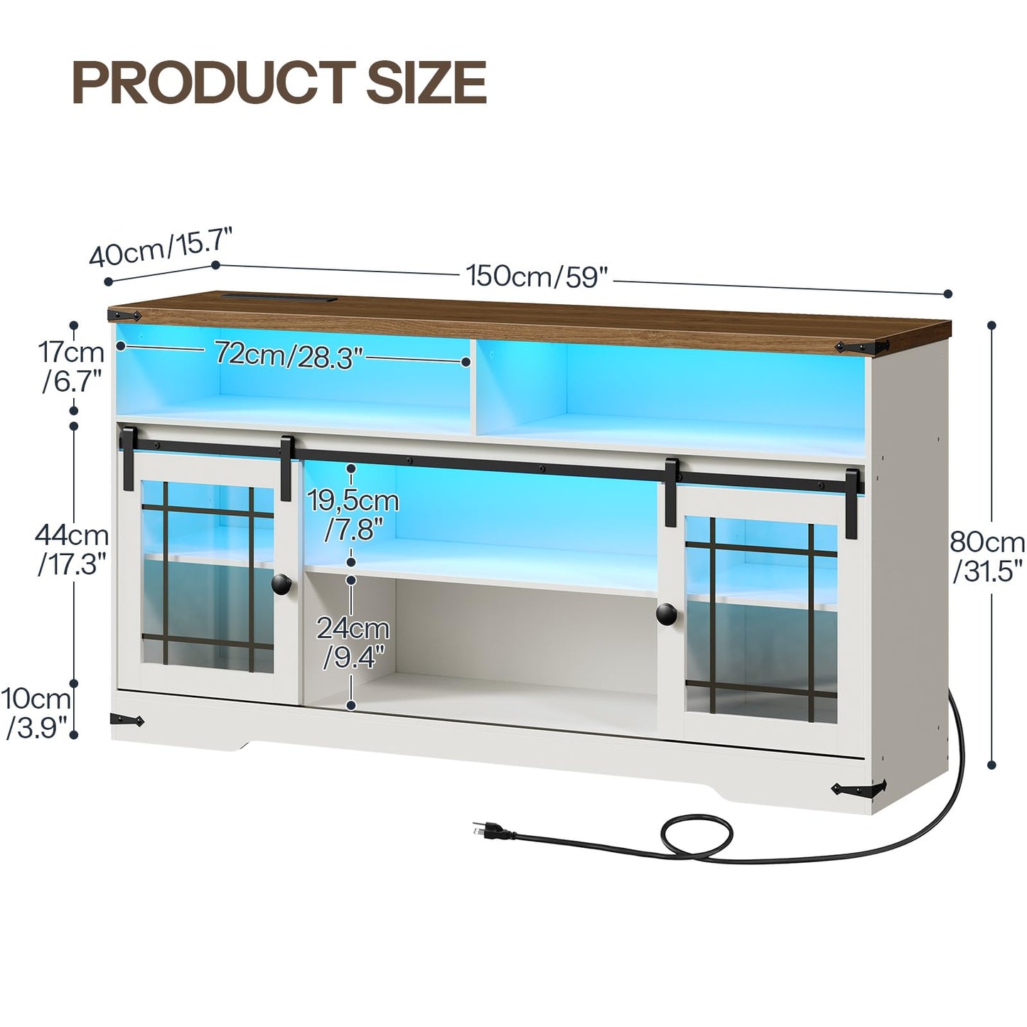 Product size chart with dimensions of a wooden TV stand.