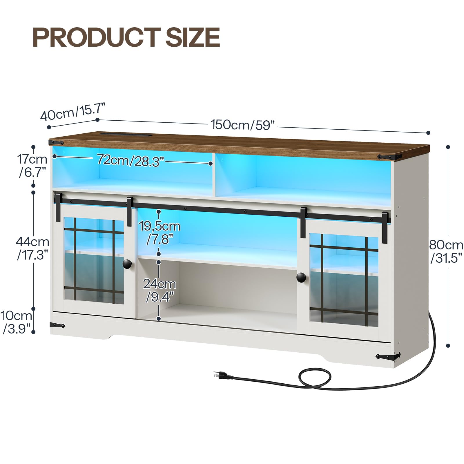 Product size chart with dimensions of a wooden TV stand.