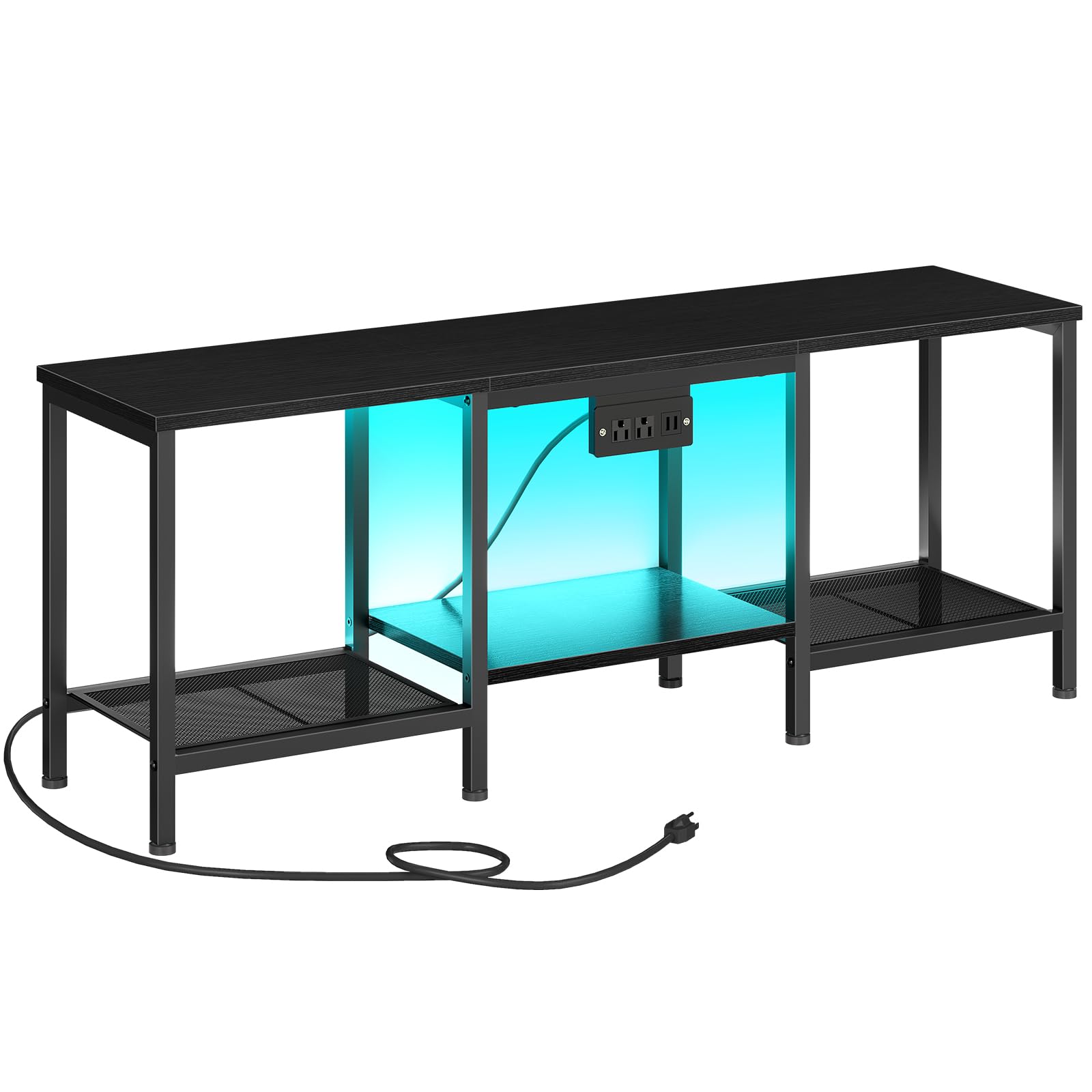 Black metal console table with a glass front and blue light on a white background