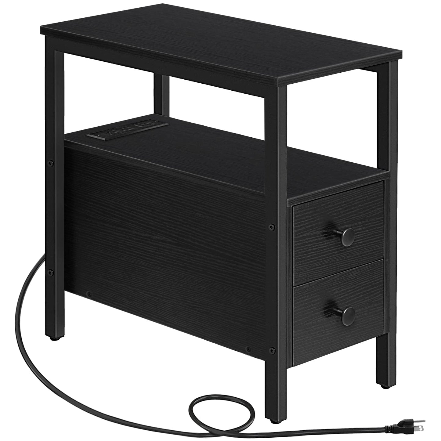 HOOBRO Black Narrow Side Table with 2 Drawers & USB Port & Power Outlet