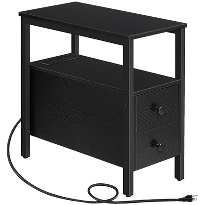 HOOBRO Black Narrow Side Table with 2 Drawers & USB Port & Power Outlet