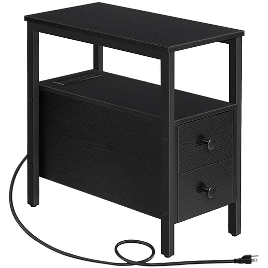 HOOBRO Black Narrow Side Table with 2 Drawers & USB Port & Power Outlet