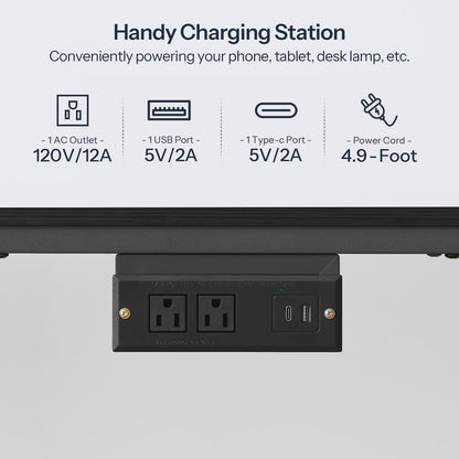 Handy charging station with power outlet, USB ports, and cable on a gray background