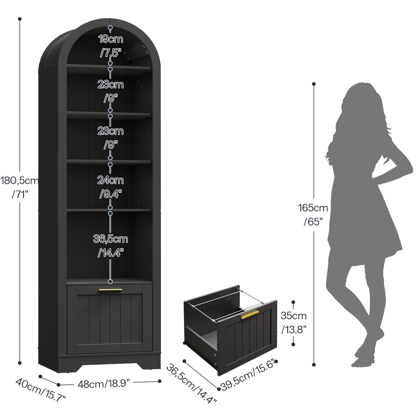 HOOBRO 6-Tier Wooden Arched Bookcase with File Drawers & Adjustable Shelves