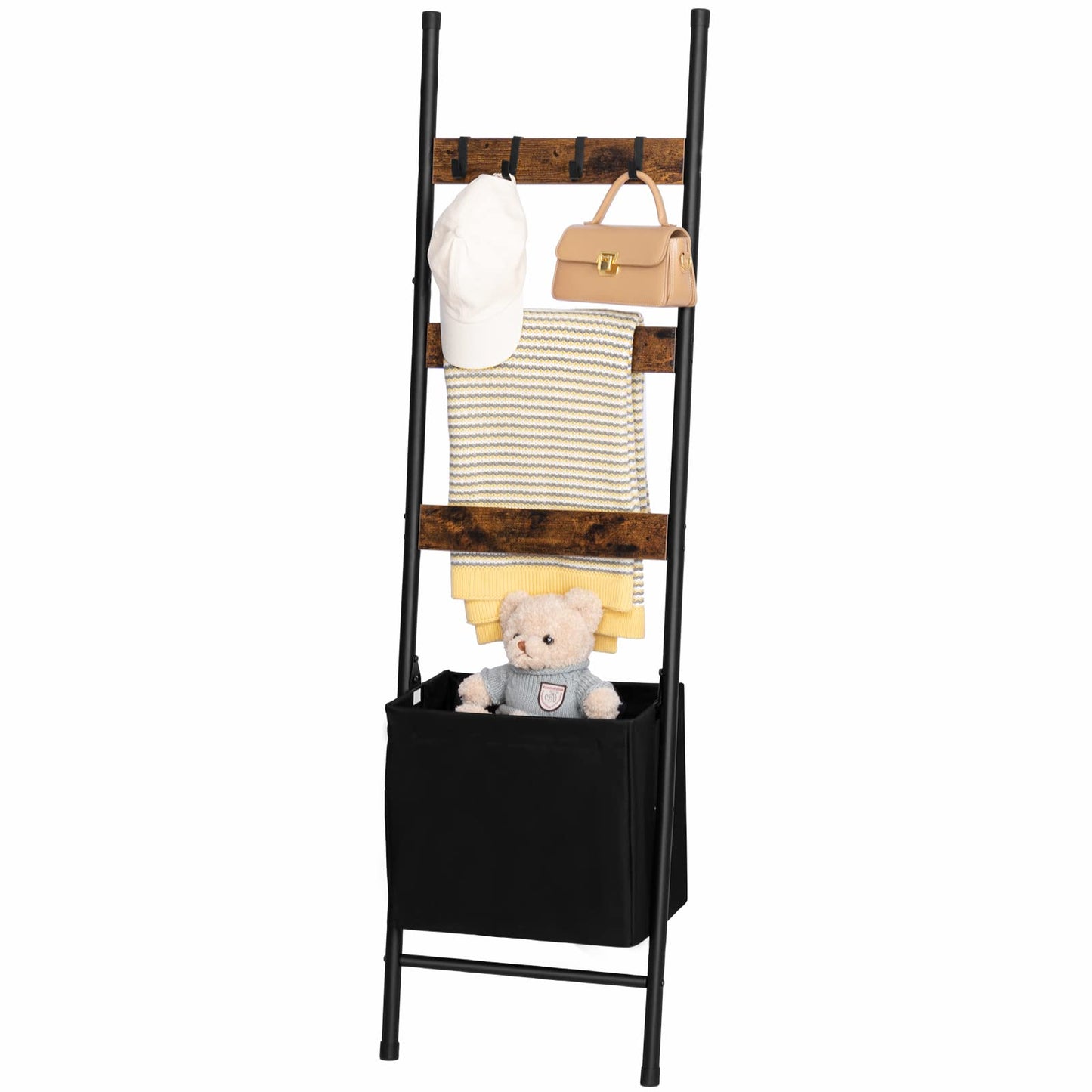 HOOBRO Blanket Ladder Rack with Basket & Hooks