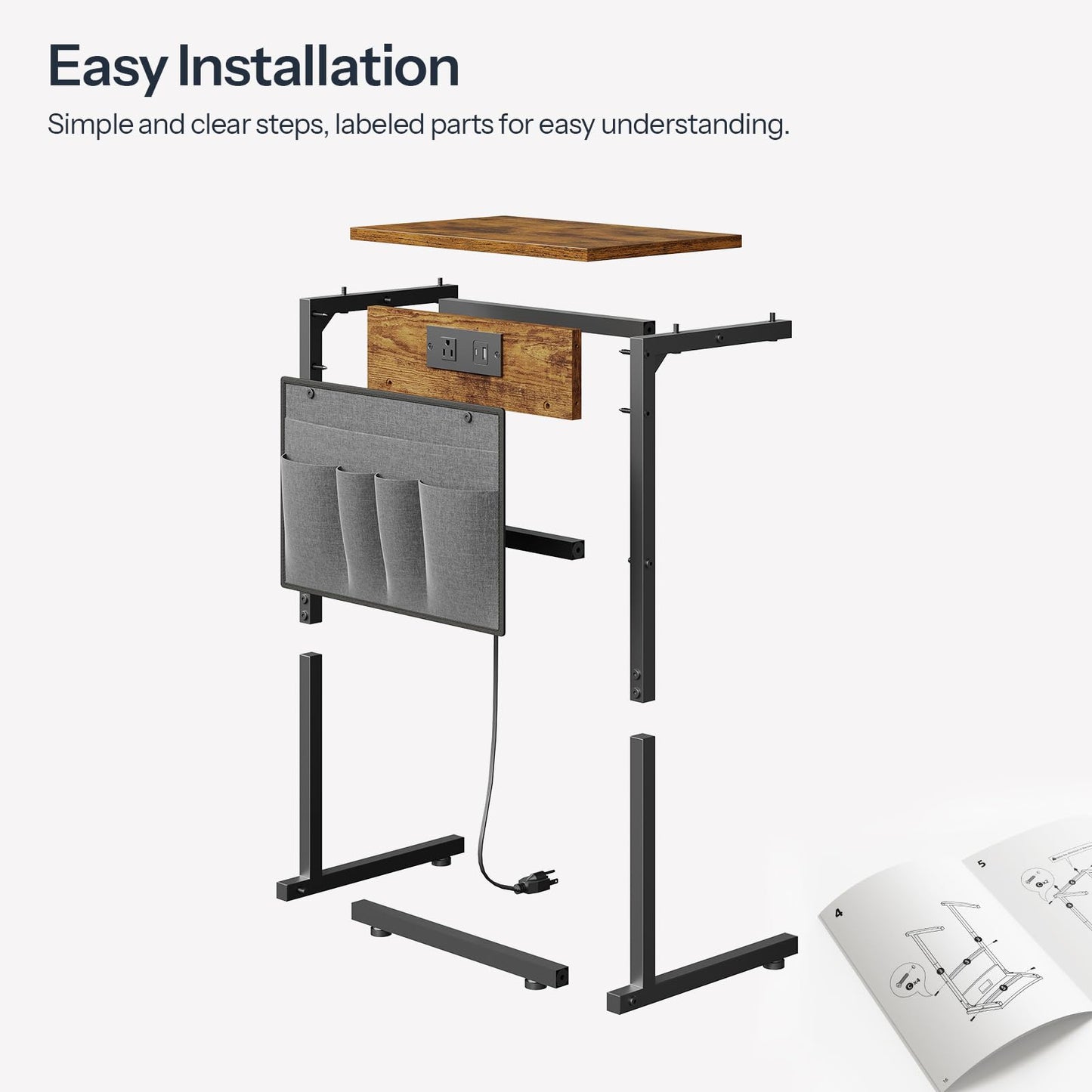 HOOBRO C Shaped End Table with Charging Station