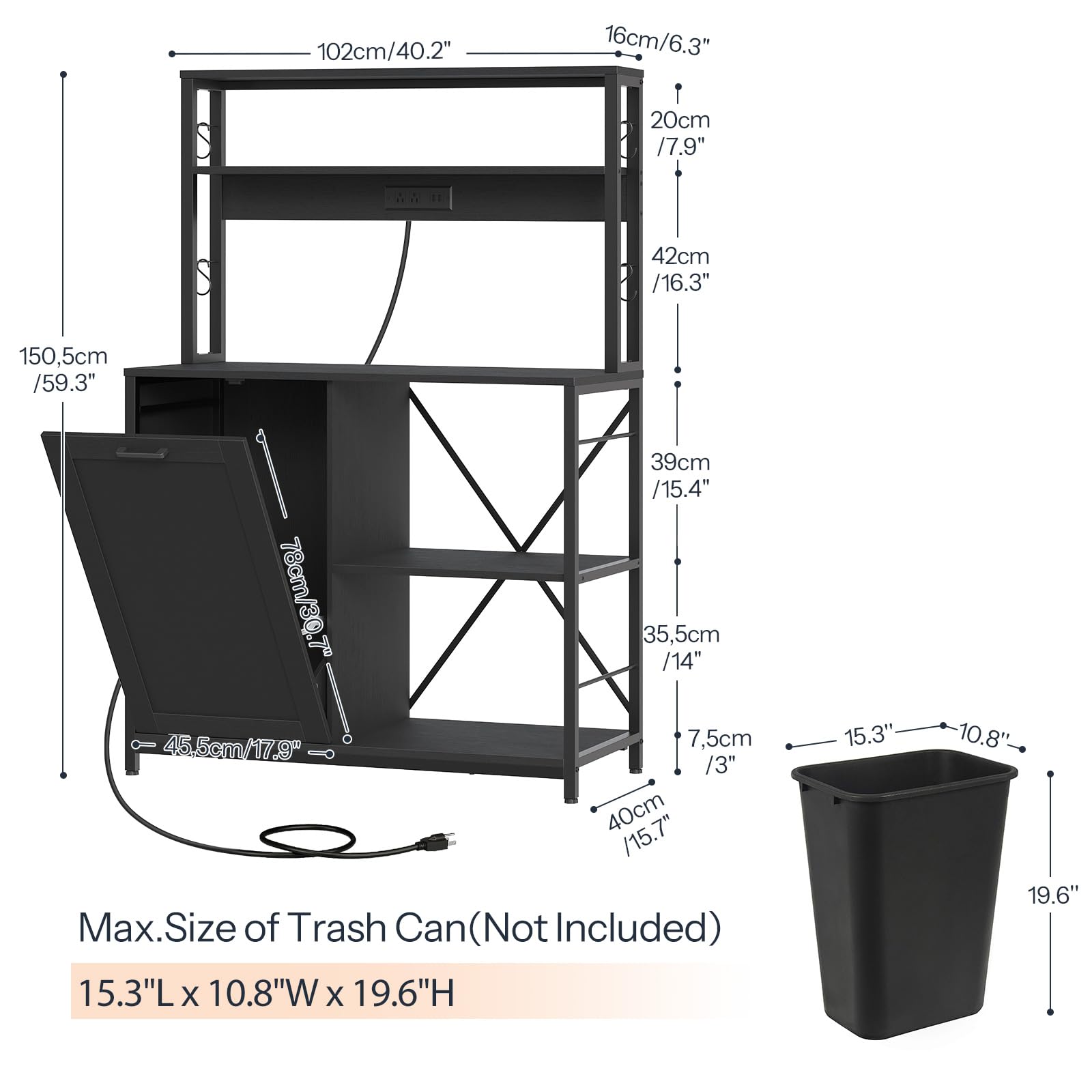 Black metal shelf unit with dimensions and a black trash can for scale on a white background