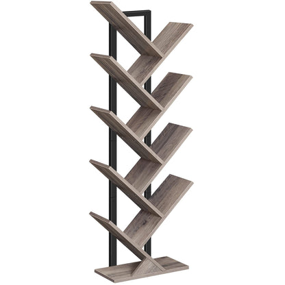 HOOBRO Greige 9-Tier Floor-Standing Wooden Tree-Shaped Bookshelf