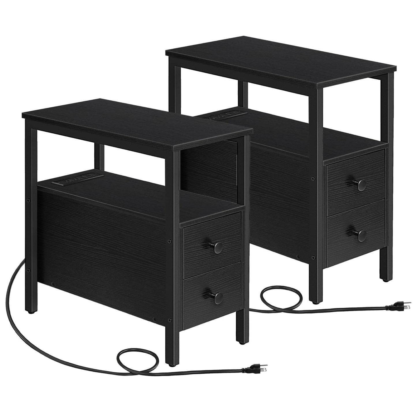 HOOBRO Black Side Table with Charging Station, Drawer, USB Port, and Power Outlet / 2PICS