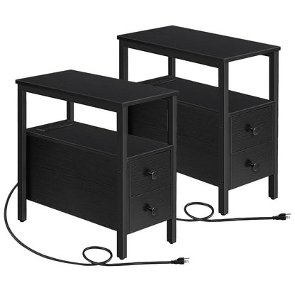 HOOBRO Black Side Table with Charging Station, Drawer, USB Port, and Power Outlet / 2PICS