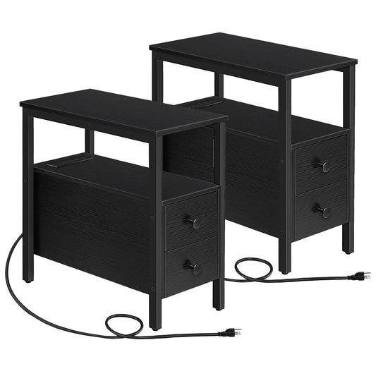 HOOBRO Black Side Table with Charging Station, Drawer, USB Port, and Power Outlet / 2PICS