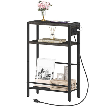 HOOBRO Small Narrow Side Table with Charging Station, Skinny End Table for Small Spaces, Slim Nightstand with USB Ports Outlet, Sofa Beside Table with Storage Shelf, Charcoal Black BC102UBZ01