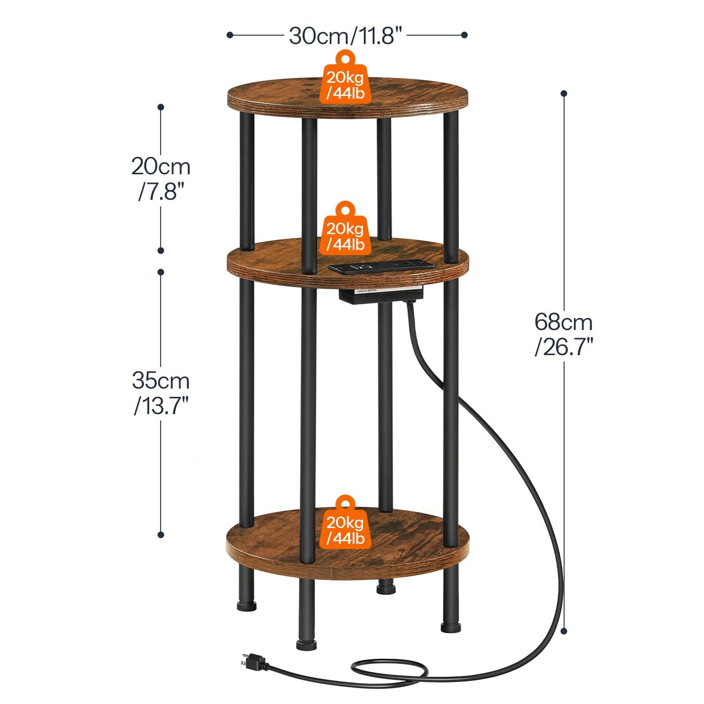 HOOBRO 3-Tier Small Round Side Table with Charging Station