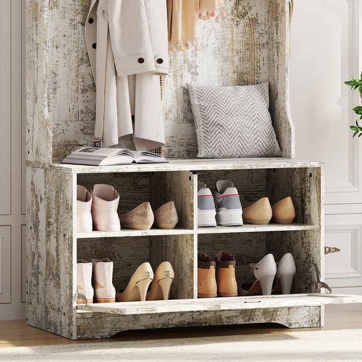 HOOBRO Vintage White Bench with Flip-Top Shoe Cabinet & Coat Rack for Entryways