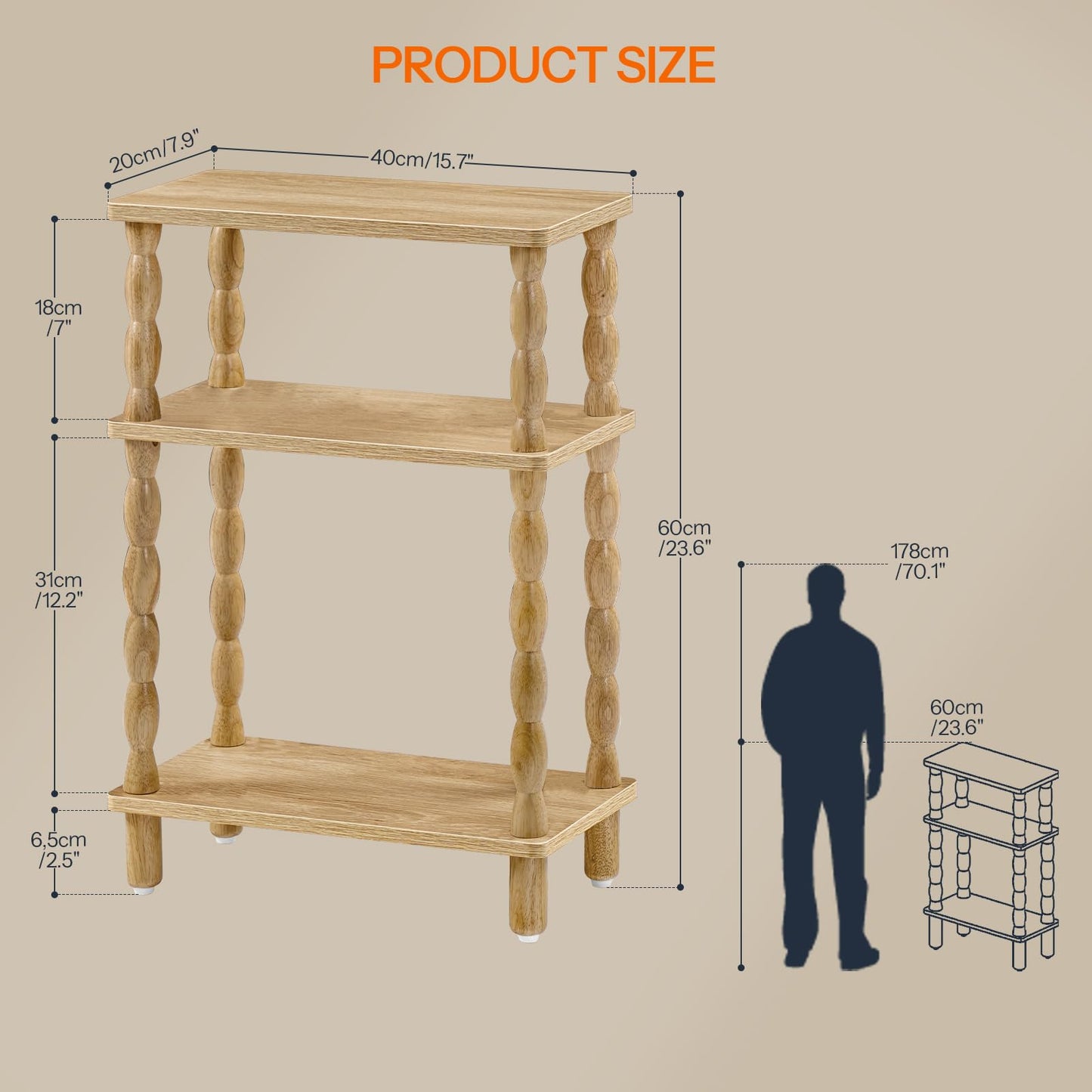 HOOBRO Narrow Side Table, Skinny End Table with Storage, Solid Wood Legs, 3-Tier Bedside Table Nightstand for Small Space, Living Room, Bedroom, Sofa Couch, Natural NL462BZ01