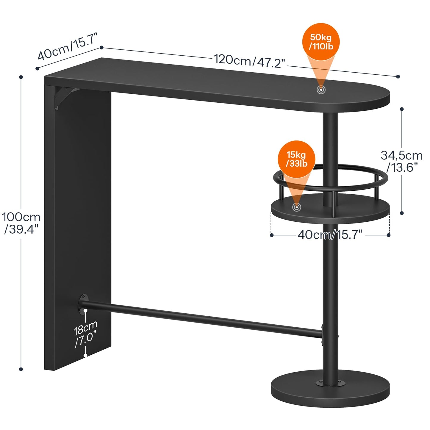 Black bar height table with dimensions and weight capacity indicators on a white background