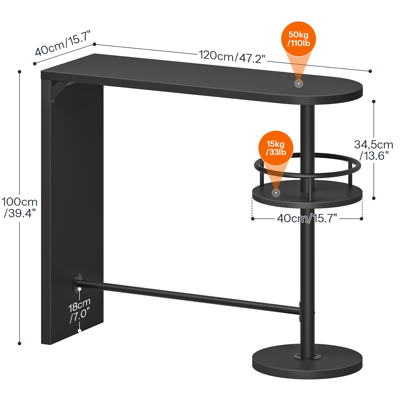 Black bar height table with dimensions and weight capacity indicators on a white background