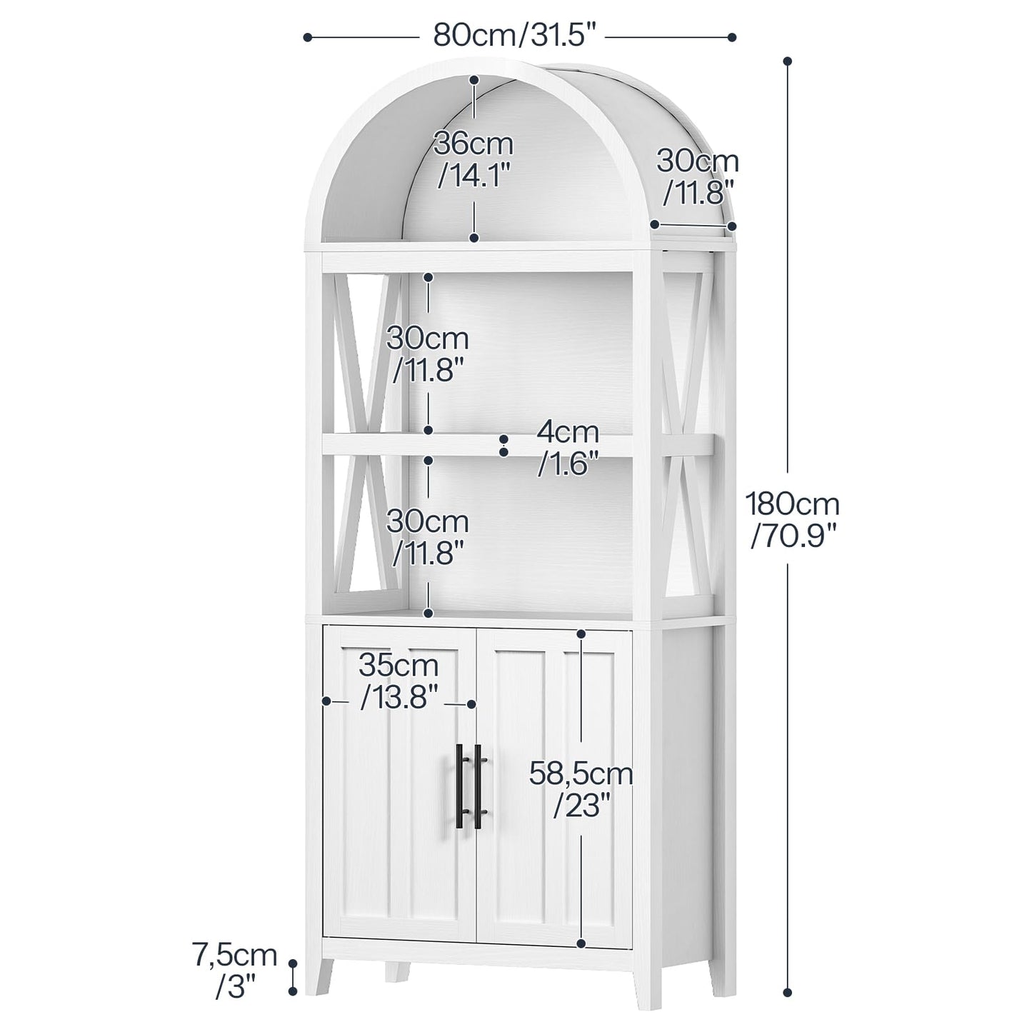 White cabinet with dimensions labeled on a white background