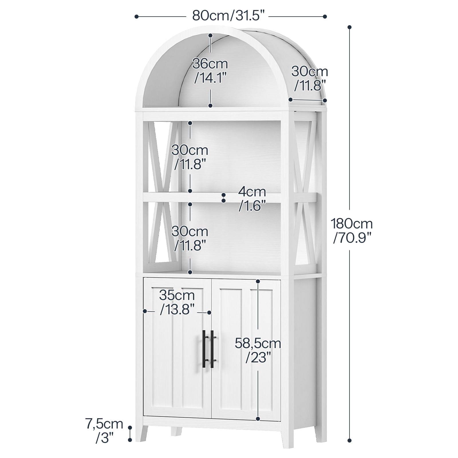 White cabinet with dimensions labeled on a white background