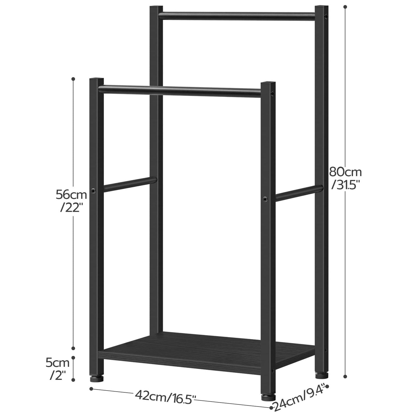 Black metal clothing rack with dimensions labeled on a white background